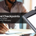 Business owner reviewing a checklist while writing in a notebook, representing financial checkpoints to review in February.