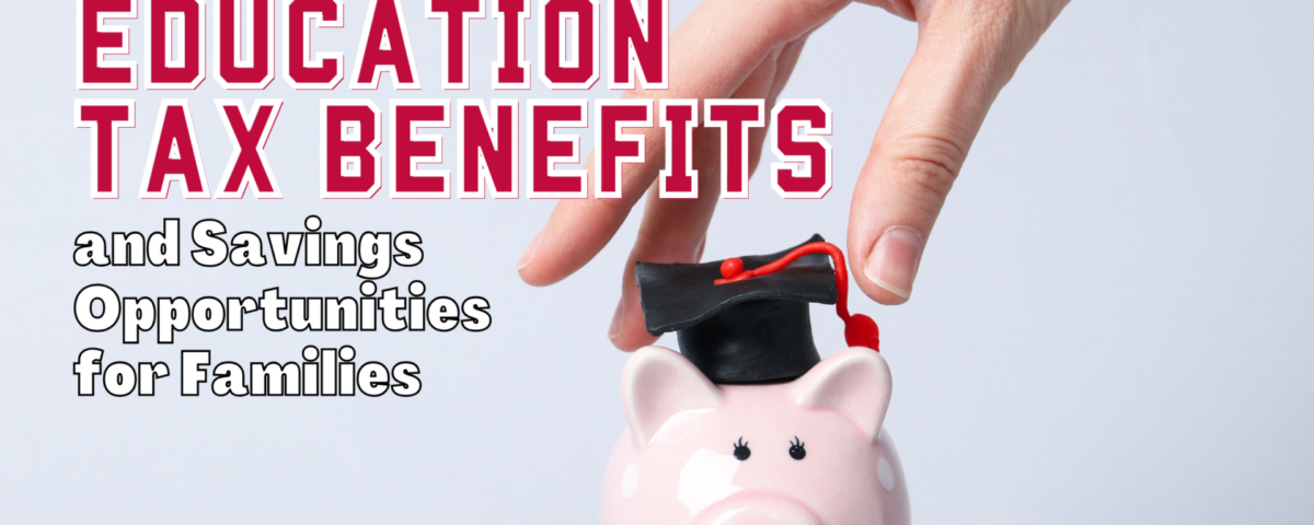 Pink piggy bank wearing a graduation cap, representing education tax benefits and savings opportunities for families.